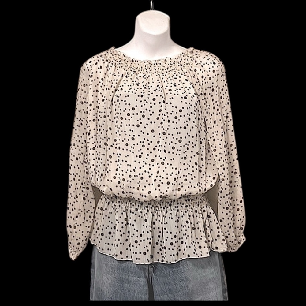 Sheer Women’s Chiffon Polka Dot Boho Long Sleeve Elastic Waist Top M